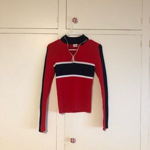 Vintage Red, White, Blue O-Ring Zip Knit Top